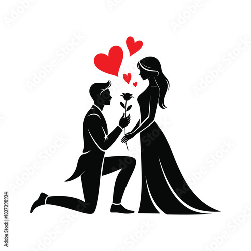 Romantic Couple Silhouette – Marriage Proposal with Hearts and Rose