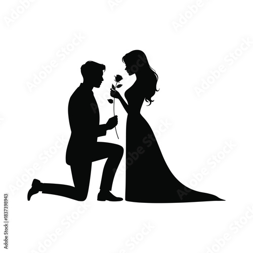 Romantic Couple Silhouette with Man Proposing and Giving Rose