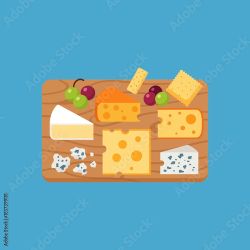 Cheese crackers and grapes are arranged on a wooden board.