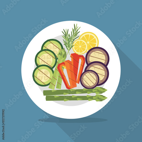 Grilled vegetables asparagus zucchini eggplant pepper lemon and rosemary on plate.