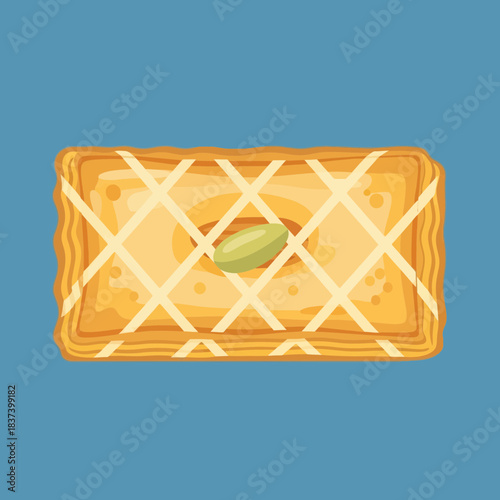 Rectangular pastry with lattice pattern and a single nut on top.
