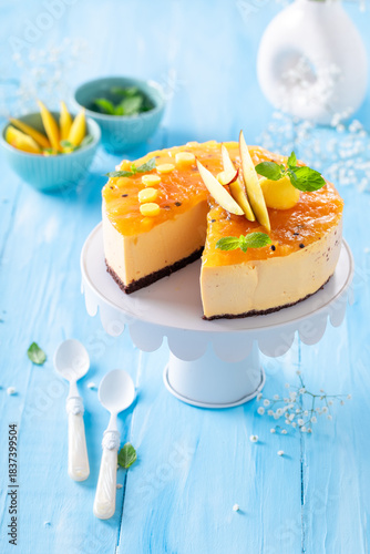 Homemade mango cheesecake s...