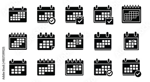 Collection of calendar icons in black showing various monthly views silhouette