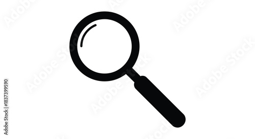 A simple black magnifying glass icon shown in a striking silhouette