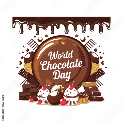 World Chocolate Day Illustration with Chocolate Sweets, Cupcakes, Bars and Dripping Chocolate Design