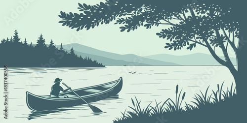 Minimal Adirondacks lake canoe silhouette vector