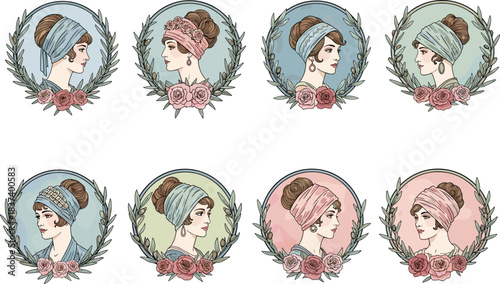 Vintage women profile icons with floral frames, headwraps and buns, pastel backgrounds, flat vector illustration