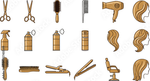 Hairdressing and hairstyling icons, scissors, combs, bottles, barber chair, brown beige palette, flat vector illustration