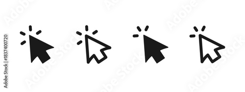Cursor click icon. Set of pointer arrow vector illustrations with click marks for UI interaction symbol. Clean mouse tap sign for web navigation and interface control concept pictogram.