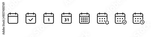 Calendar icon set. Simple month sheet with marked days and reminders vector illustration. Useful planner element for events sign. Clean schedule layout pictogram concept.