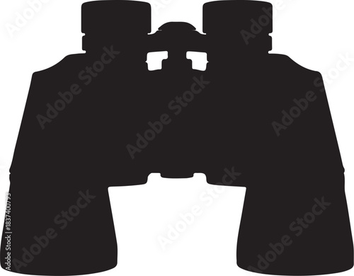 Black silhouette of a pair of binoculars viewed from the front on a white background optics magnifying on transparent background