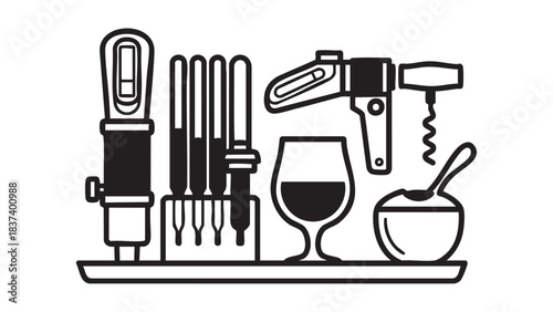 Wine preparation tools and glass on a tray illustrated in a simple line art style