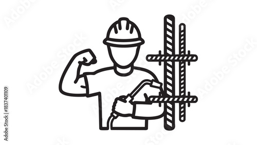 A construction worker proudly displays strength beside steel reinforcements