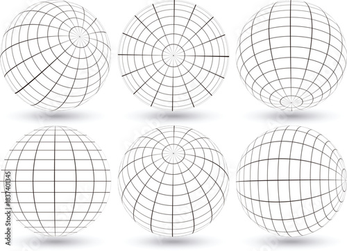 Six Wireframe Globes with Grid Lines on White Background