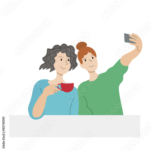 Portrait of two girls in a cafe taking a selfie on a phone, flat vector image isolated on white background, coffee break, relaxation