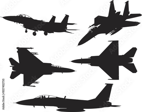 Black silhouette fighter jets collection, military aircraft side and top view, aviation design, modern warplanes, airforce technology, aviation vector set