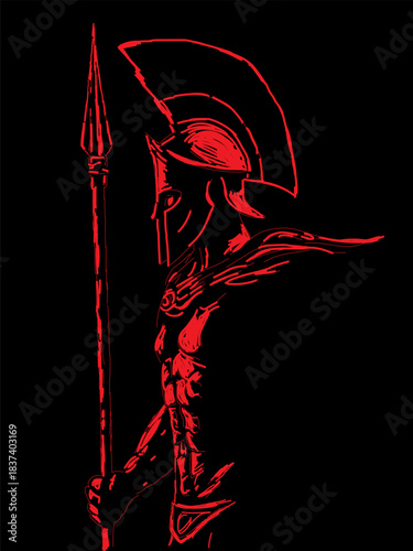 Warrior legionary soldier with spear. Vector illustration in red colors on a black background. The image illustrates a Spartan warrior, symbolizing discipline, strength and devotion.