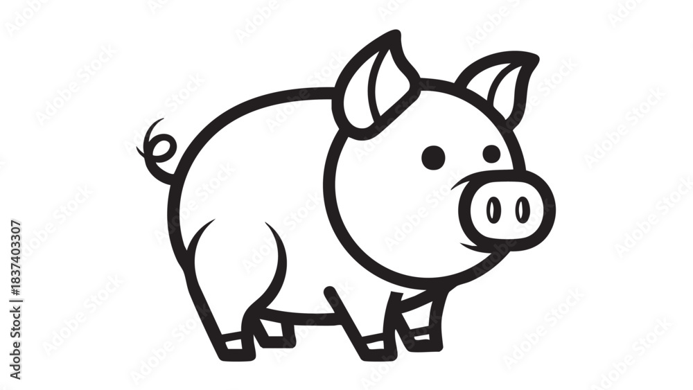 Fototapeta premium Simple black and white illustration of a pig standing alone