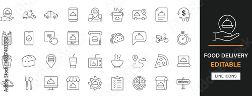 Food delivery editable line icons pack. Food, courier, express, takeaway, order, scooter, rider, tracking, shipping, logistics, parcel and more icons.