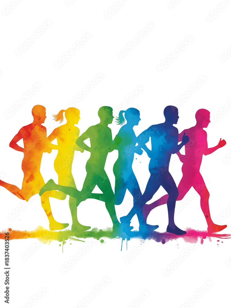 Fototapeta premium Vibrant watercolor silhouettes of people running in a rainbow gradient against a dark transparent background