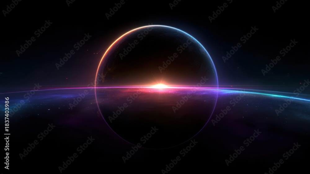 Obraz premium A planet is seen in space with a bright light emerging at the horizon. The background is dark with colorful light effects surrounding the planet. The scene captures the moment of dawn.