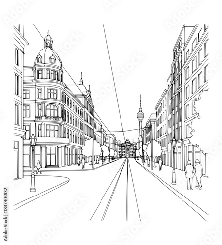 Friedrichstraße, Central street with retail shops, cultural venues, and WWII history Line Art