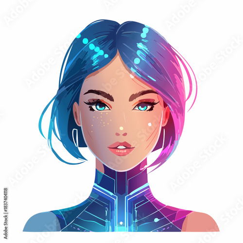 A futuristic digital illustration of a woman with vibrant blue and pink hair and glowing blue accents, showcasing a blend of technology and femininity from a front viewpoint.