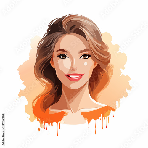 Digital illustration of a smiling young woman with flowing hair, viewed from the front