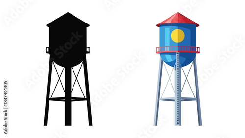 Side by side comparison of a water tower in silhouette and full color