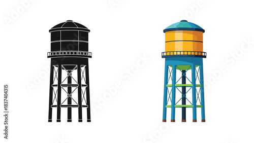 Comparing water tower designs a colorful illustration versus a black silhouette
