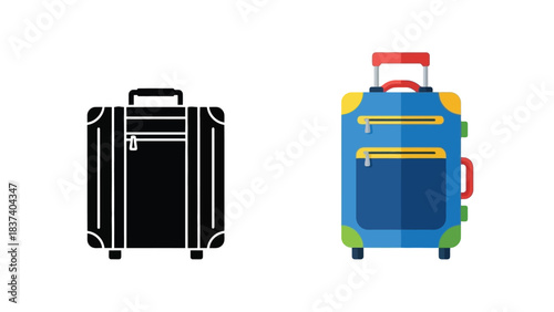 Two suitcase icons one black outline and one colorful flat design