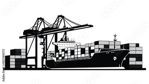 Cargo ship docked at a port with containers and cranes illustrated