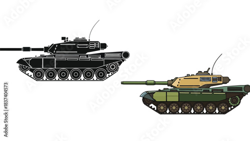 Illustration of two military tanks one in color and one in monochrome