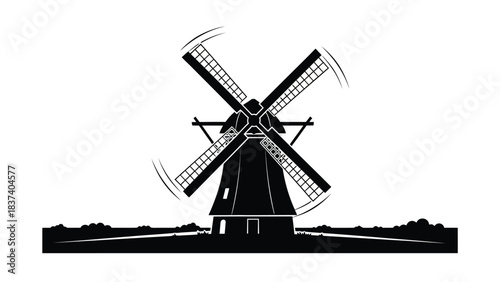 A striking black and white illustration of a classic windmill scene