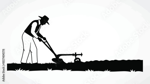 A silhouetted farmer plowing a field with a simple traditional tool