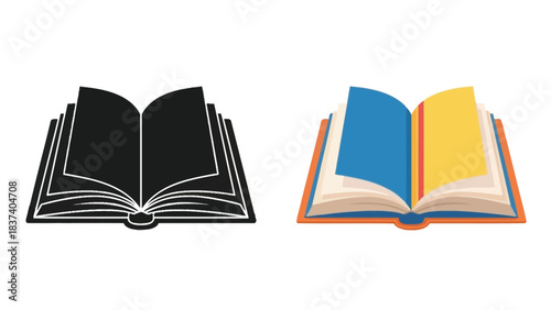 An open book icon set monochrome and colorful versions are displayed