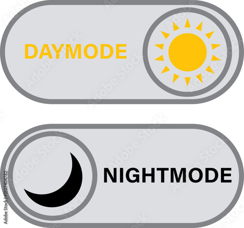 UI Theme Toggles Gray Capsule Switch Designs with Sun and Moon Icons for Day and Night Mode Selection in Digital Interfaces