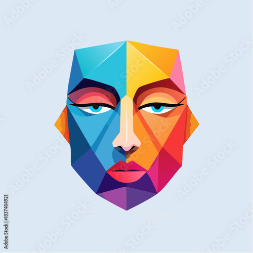 A vibrant, multicolored geometric portrait of a woman's face viewed from the front, showcasing diverse facets and emotions in a colorful illustration