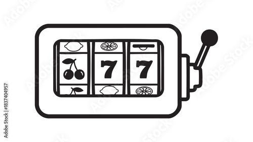 A black and white illustration of a slot machine with three sevens and a bicycle symbol on a white background, viewed from the front.