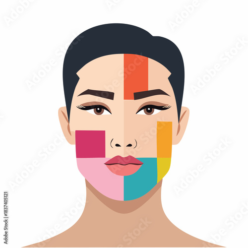 A woman's face divided into colorful sections for makeup tutorial illustration viewed from the front