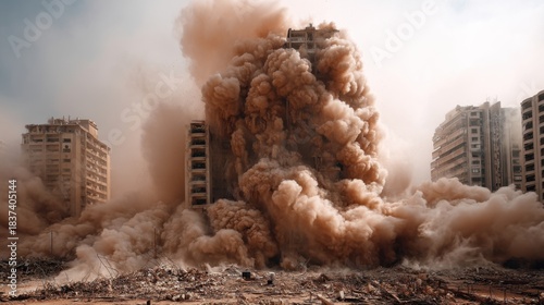Buildings are being demolished in a city center. Dust and debris fill the air as structures collapse. People may observe from a distance. Heavy machinery operates nearby to facilitate the process.