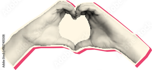 Retro Halftone Heart Hands Vintage Pop Art Love Gesture Illustration With Pink Outline, Charity Support Romance Symbol, Isolated Hands Forming Heart Sign