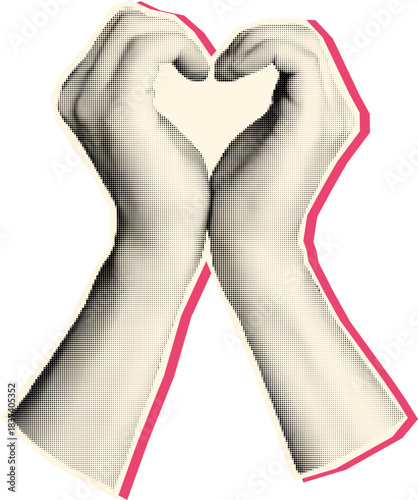 Retro Halftone Heart Hands Vintage Pop Art Love Gesture Illustration With Pink Outline, Charity Support Romance Symbol, Isolated Hands Forming Heart Sign