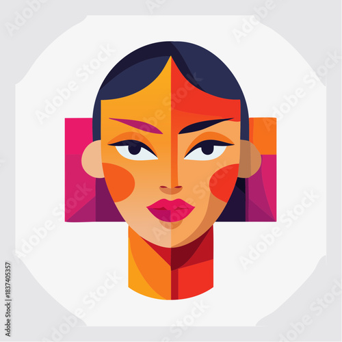 Geometric illustration of a woman's face with abstract colorful shapes from a frontal perspective