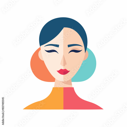 A serene digital illustration of a woman with closed eyes, showcasing vibrant colors and a minimalist style, presented in a flat graphic format from a frontal viewpoint