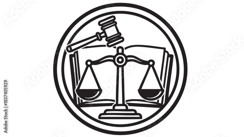A judicial symbol featuring a gavel and scales of justice in a circular emblem.