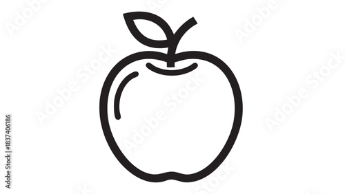 Simple black and white illustration of a single apple with a leaf on a plain background