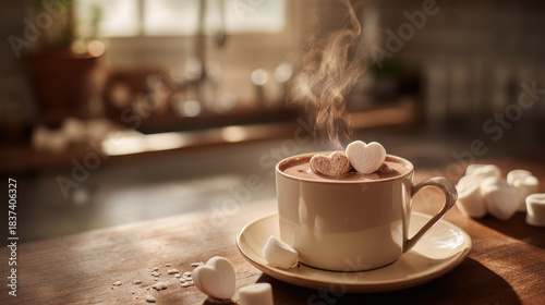 Steaming hot chocolate with heart-shaped marshmallows, perfect for Valentine's Day. This cozy image evokes feelings of warmth and love, ideal for romantic celebrations and gifts for loved ones