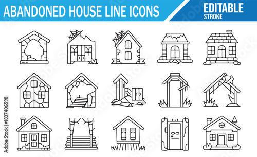 Urban Decay and Abandoned Building Line Icons