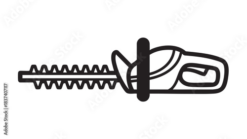 A black and white illustration of a chainsaw on a white background
